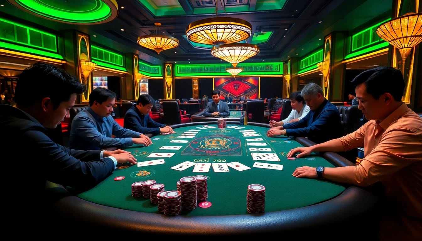 Engaging poker players at a casino table, illustrating Hướng Dẫn Chơi Poker strategies and excitement.