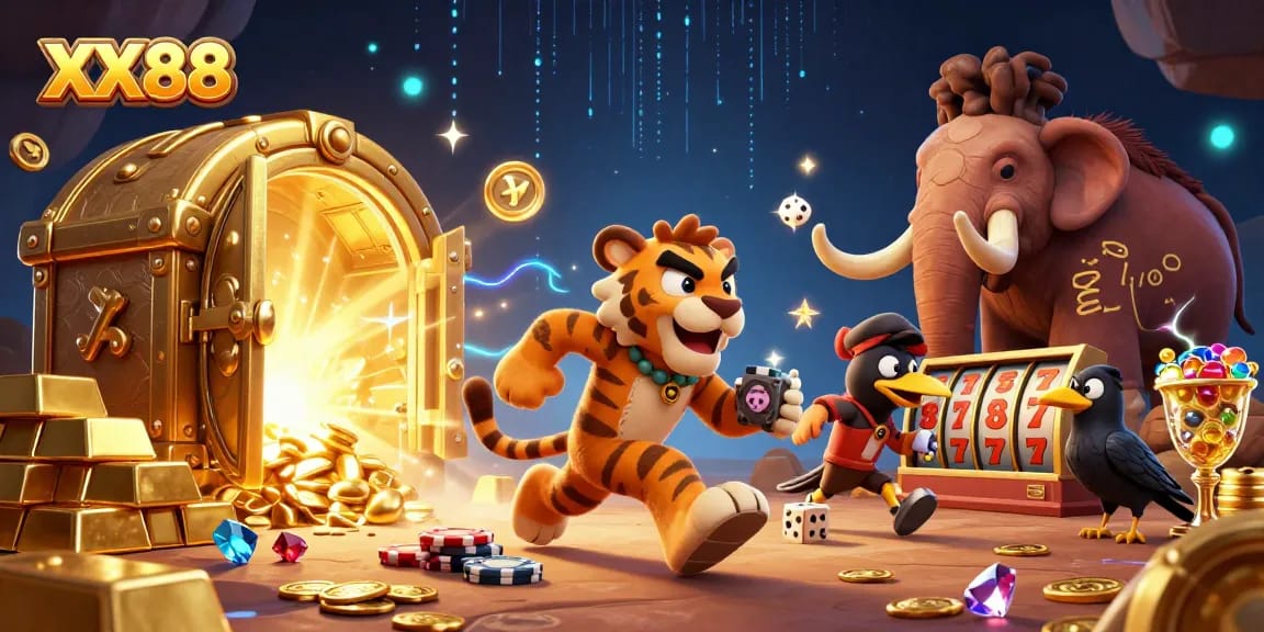 Engage in thrilling action at XX88's prehistoric casino with vibrant treasures and lively characters.