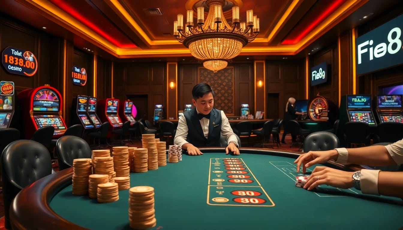 Experience excitement while playing at Fi88.com with vibrant poker chips and casino tables in action.