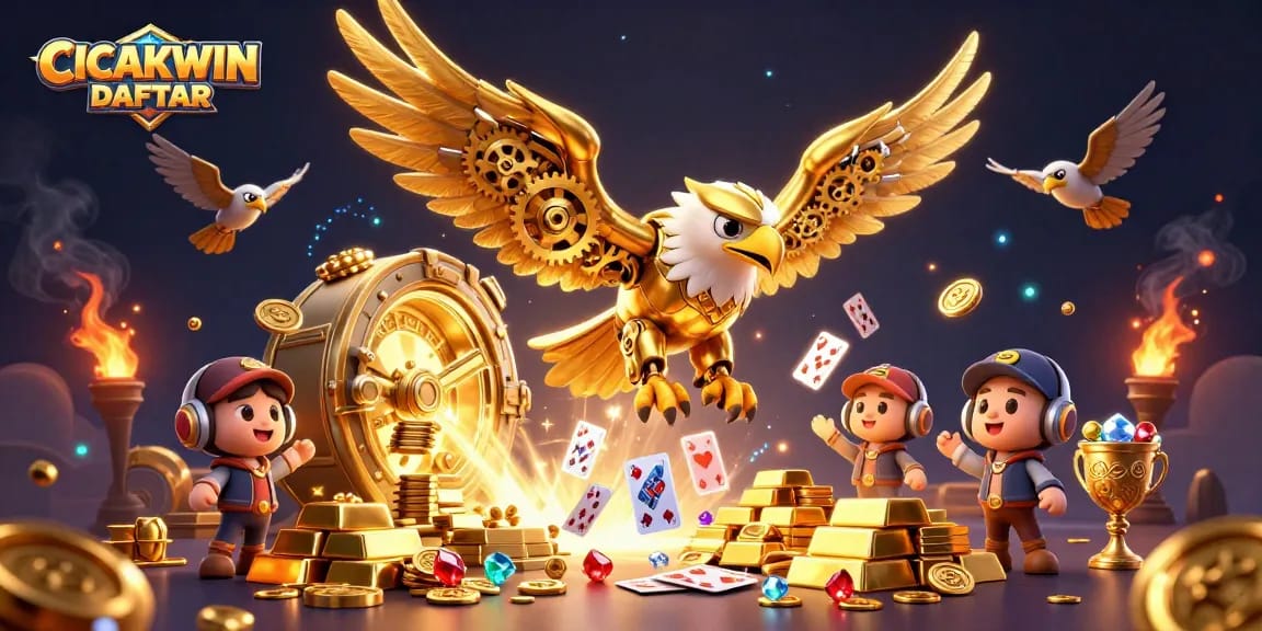 CICAKWIN DAFTAR showcases a daring golden eagle amidst a whirl of playing cards, illuminating the thrilling casino atmosphere.