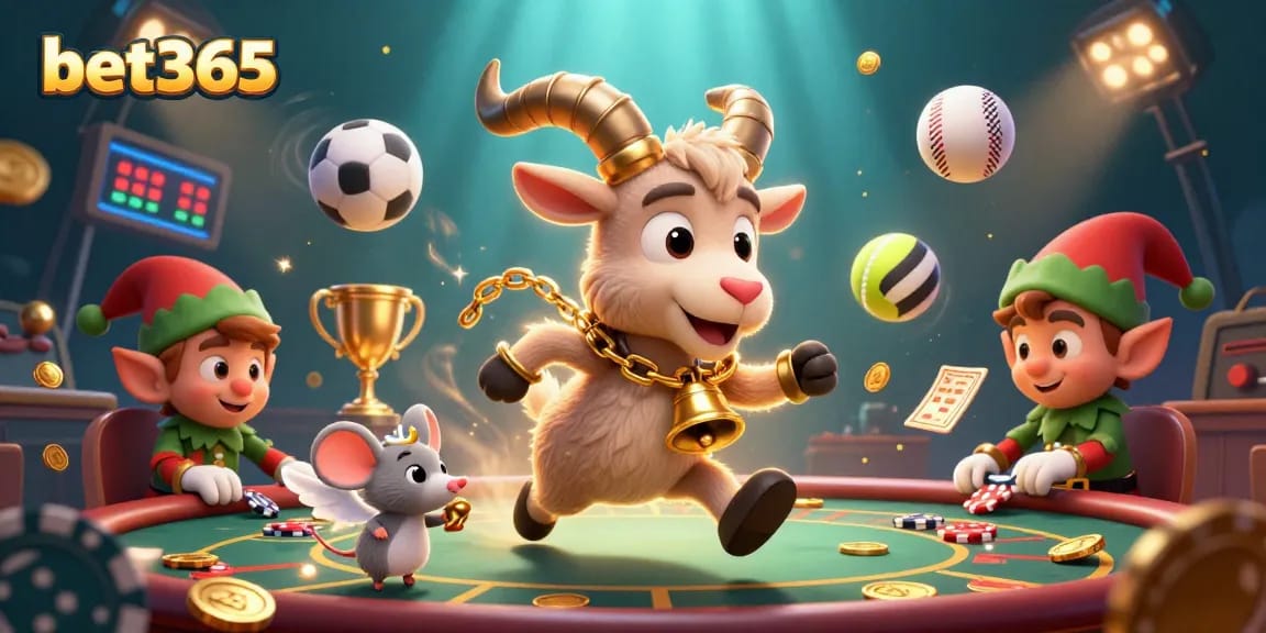 Engage with bet365 in a festive casino scene featuring Krampus and other characters immersed in gaming.
