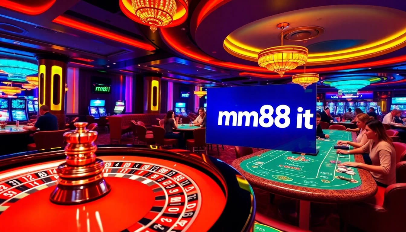 Exciting casino scene showcasing mm88 it logo with players enjoying games and vibrant roulette.
