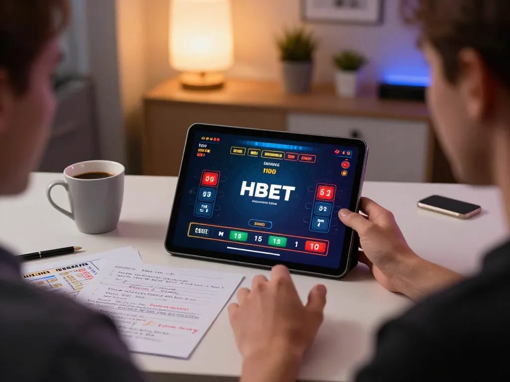 Player exploring HBET live dealer games on tablet in a comfortable home setting