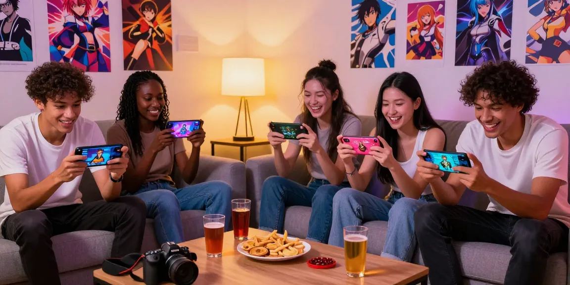 Friends enjoying an exciting gaming night playing free hentai games on mobile devices, surrounded by vibrant decor and snacks.