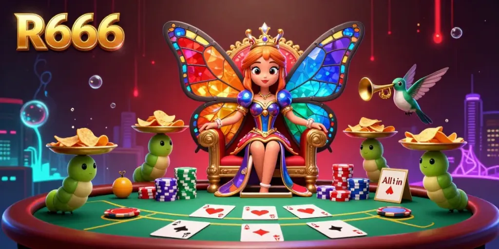 Experience the vibrant atmosphere of R666 with a butterfly queen in a poker scene.
