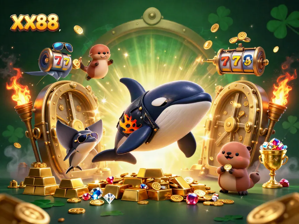Play exciting games at XX88, featuring fun characters and dynamic casino elements in a vibrant 3D scene.