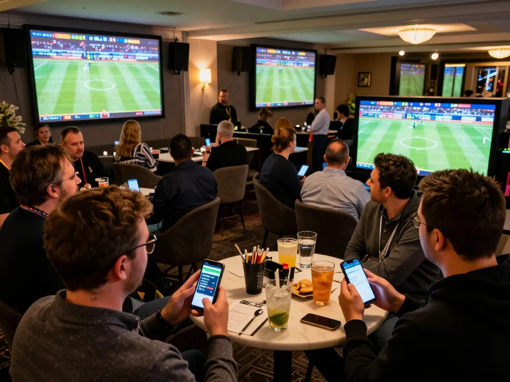 Bettors engaging with the BL555 app during live sports event showcasing real-time action in upscale venue