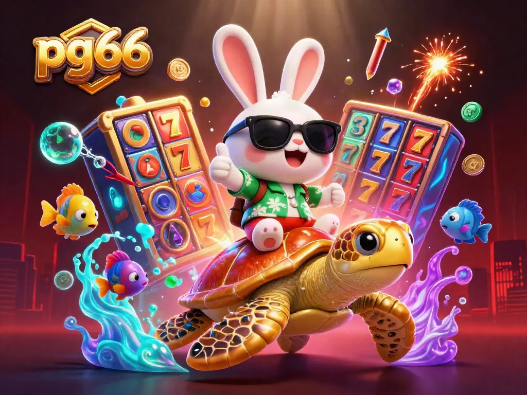 Experience the thrill of pg66 with a lucky rabbit riding a golden turtle amidst vibrant casino elements.
