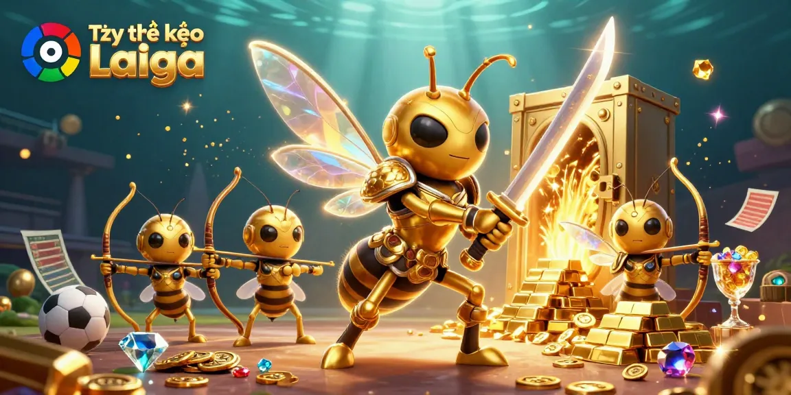Tỷ lệ kèo La Liga showcases vibrant sports betting excitement with a golden hornet leader and treasure elements.