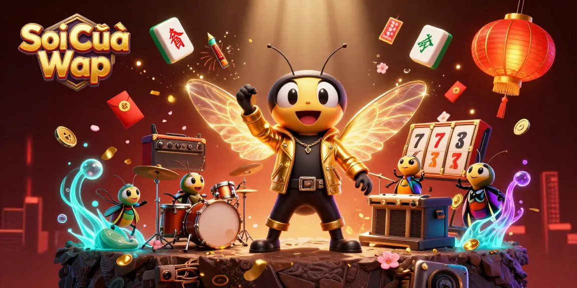 Soi Cầu Wap showcases a vibrant 3D casino scene with a cicada rock star and dynamic gambling elements.