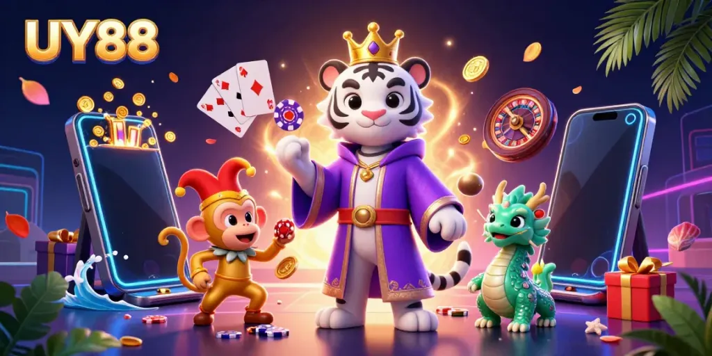 Engage in gaming with UY88, featuring an extravagant scene of a royal tiger, playful monkey, and dragon amid casino excitement.