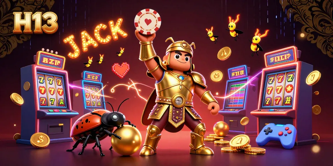 H13 casino illustration featuring a hercules beetle lifting a poker chip, surrounded by slots and gold coins.