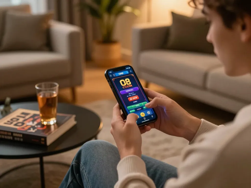 Player engaging with the O8 COM app on smartphone while enjoying a cozy home environment.
