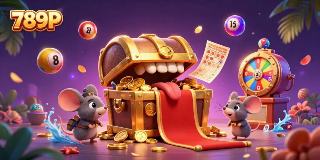 Play and win with 789P's vibrant gaming atmosphere, featuring a treasure chest and lottery excitement.