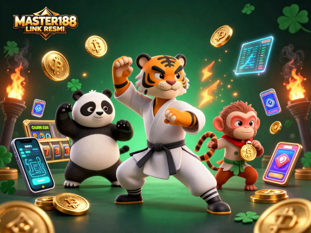 Engage with the MASTER188 LINK RESMI scene showcasing a kung fu tiger mastering slots and crypto elements.