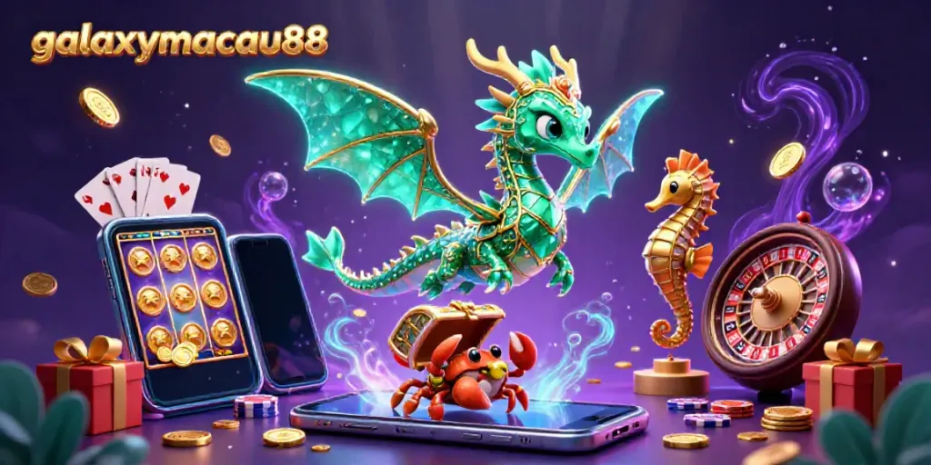 Enjoy thrilling slots with galaxymacau88, featuring a majestic sea dragon, sparkling coins, and vibrant game elements.