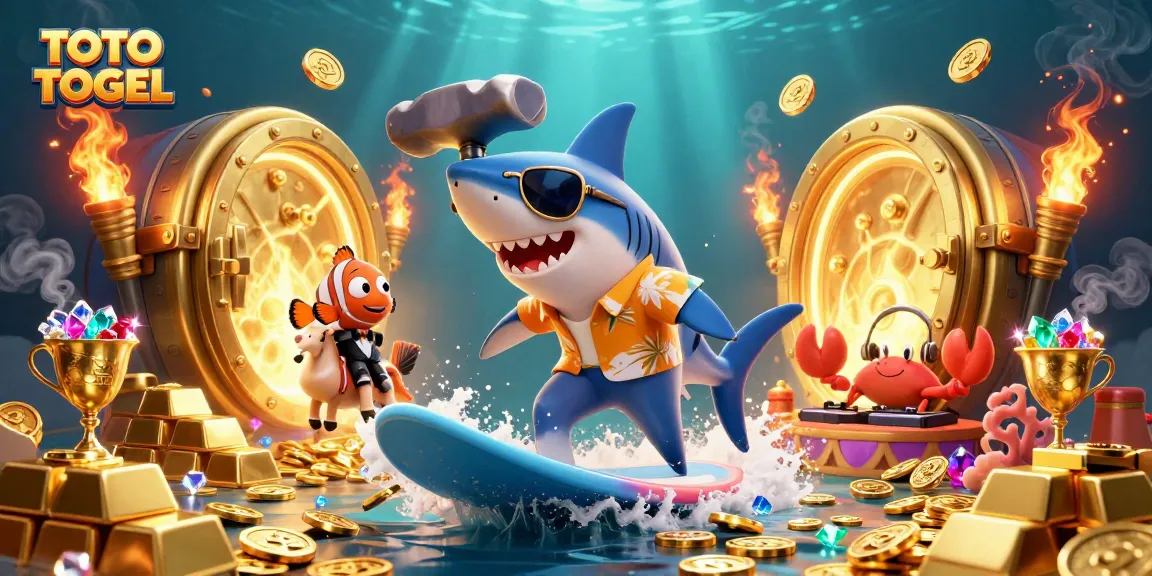 TOTO TOGEL game symbols surround a shark surfing on gold coins in a dynamic casino scene