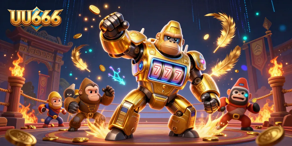 UU666 showcases an explosive casino scene with a golden gorilla mech and dazzling gaming elements.