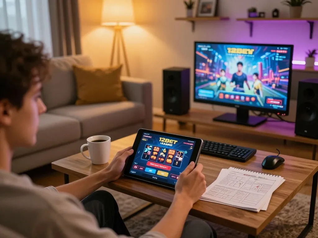 Player engaging with the 12bet mobile casino app on a cozy sofa, emphasizing online gambling experience