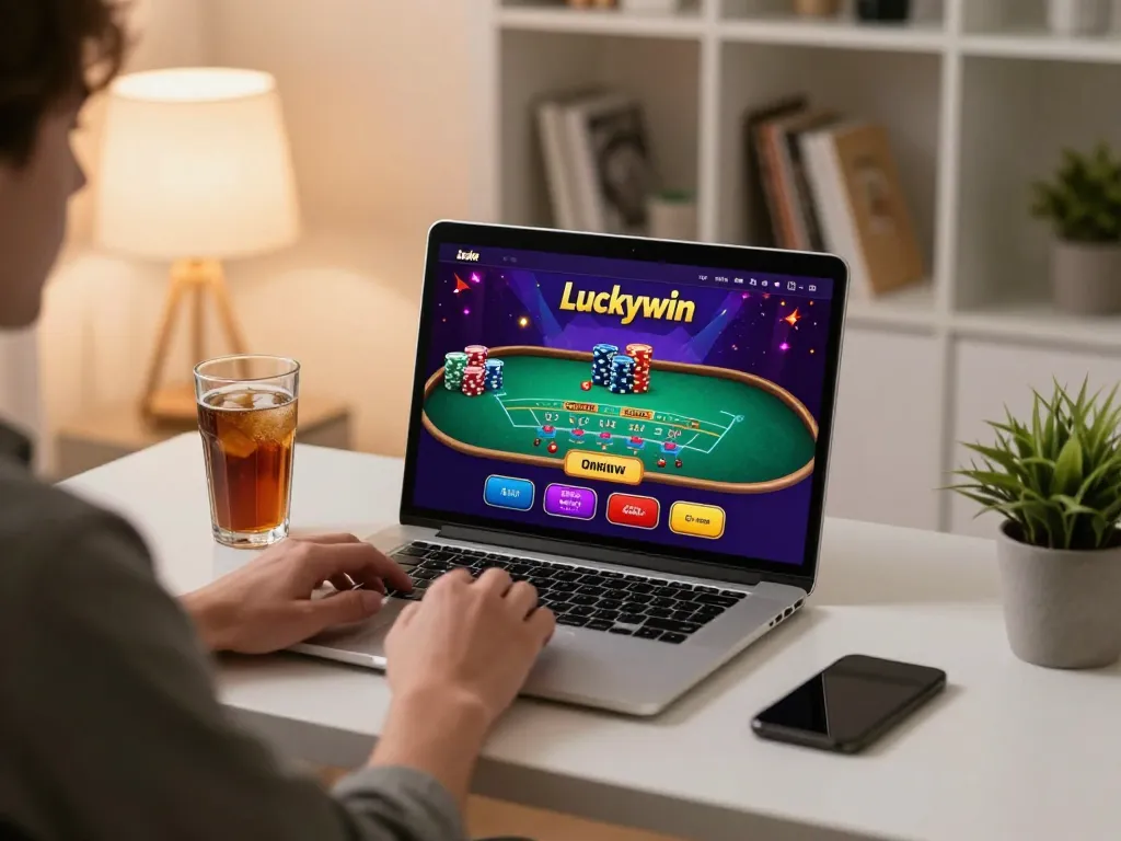 Player enjoying Luckywin online casino from home, engaged in live blackjack with vibrant screen.