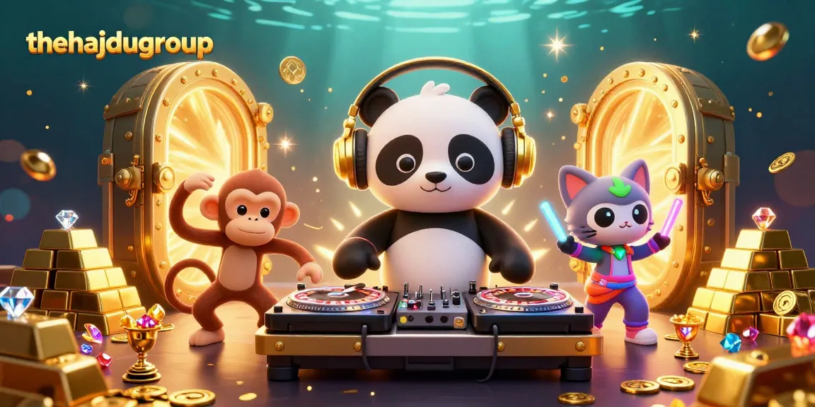 Thehajdugroup showcases a vibrant casino scene with 3D DJ panda, breakdancing monkey, and glow-stick kitten.
