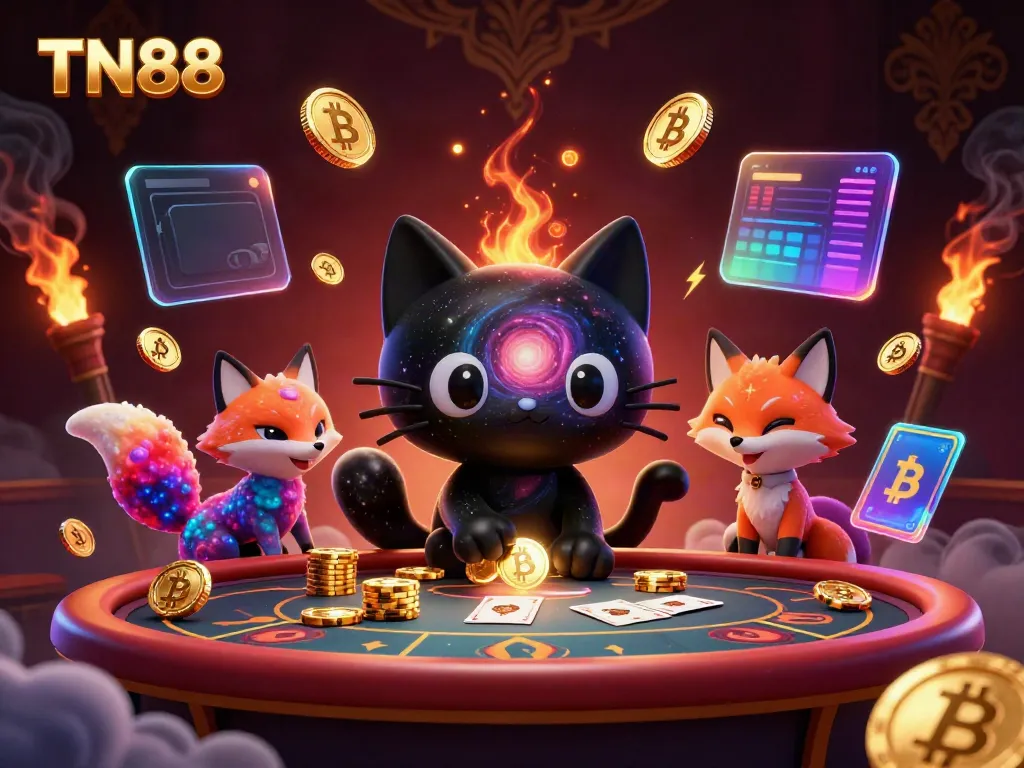 Experience TN88's cosmic gambling adventure with a black hole cat and nebula fox at the casino.