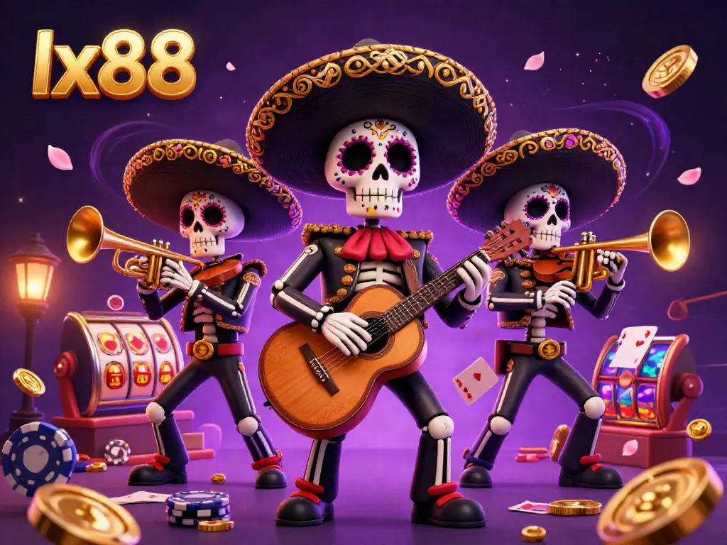 Experience vibrant gaming action with lx88's lively casino atmosphere illustration featuring mariachi skeletons.