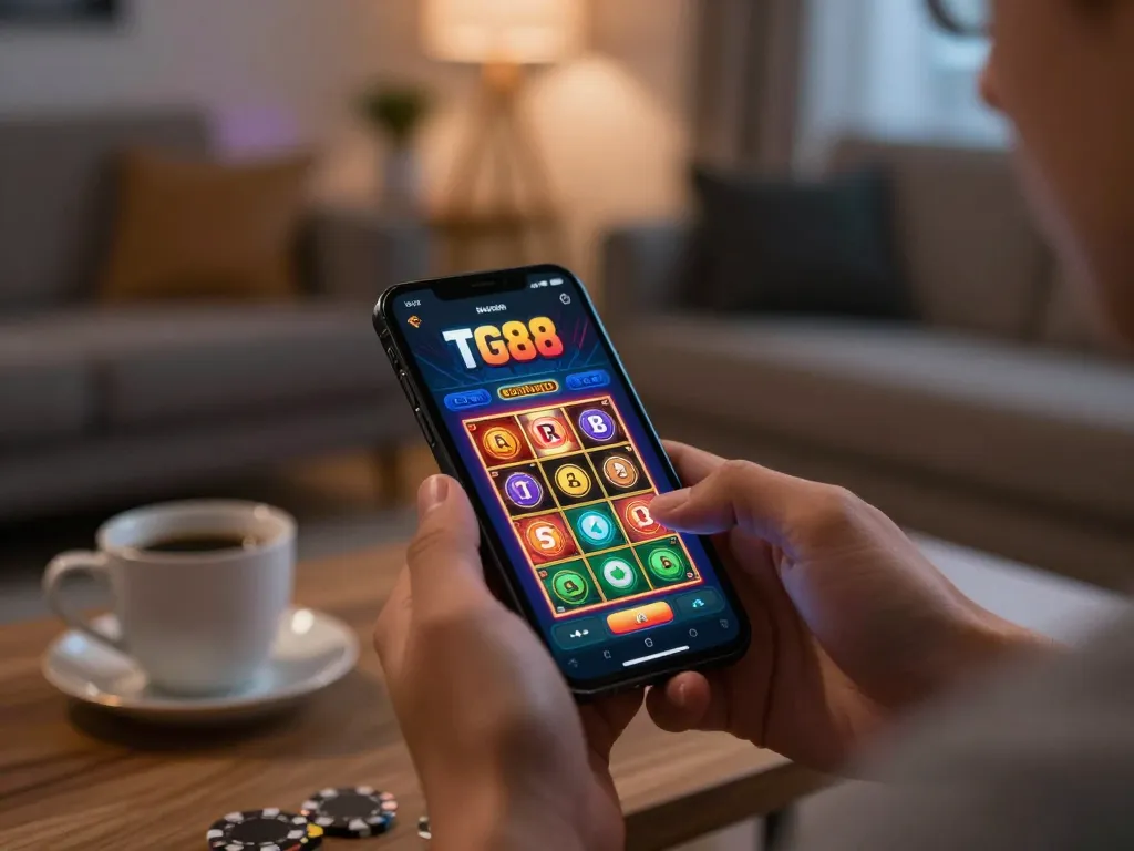 Player engaging with the TG88 casino app on a smartphone, highlighting mobile gambling strategy and excitement.