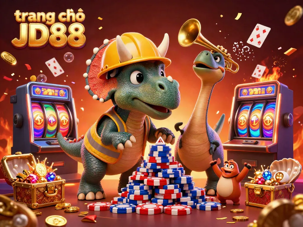 Engaging 3D scene showcasing trang chủ JD88 with lively dinosaur characters celebrating in a casino setting.