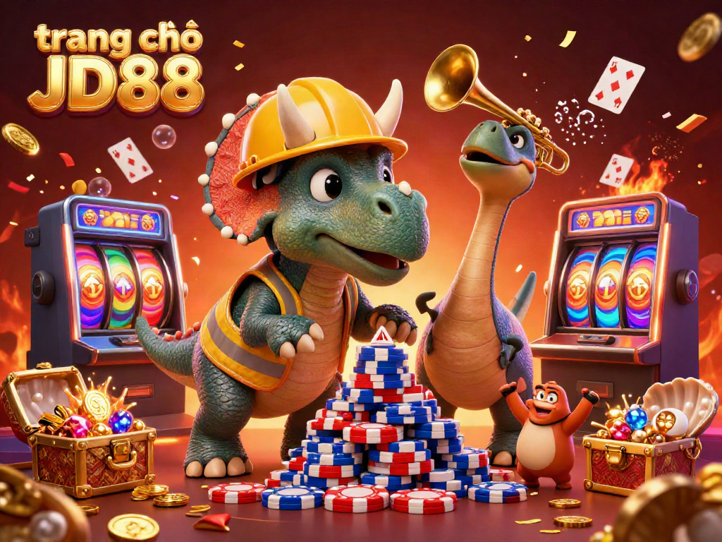 Engaging 3D scene showcasing trang chủ JD88 with lively dinosaur characters celebrating in a casino setting.