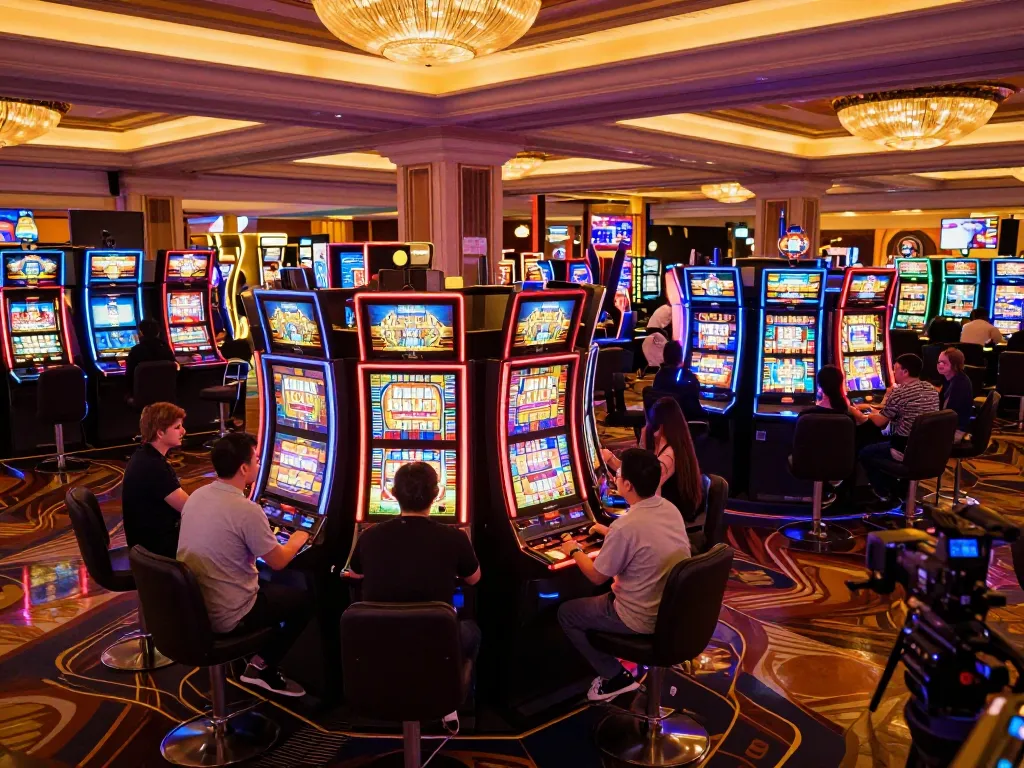 Engaged players enjoying slot games at 789P com, showcasing excitement and vibrant casino atmosphere.
