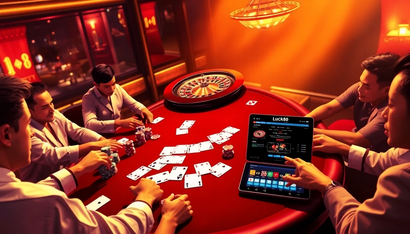 Exciting casino atmosphere showcasing Luck8's poker table with vibrant chips and cards in action.