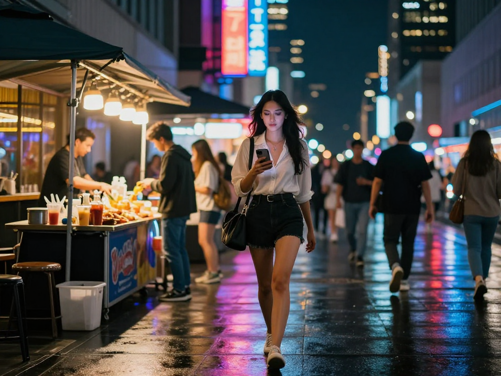 Gái gọi tỏa sáng trong không gian thành phố nhộn nhịp đầy ánh đèn neon.