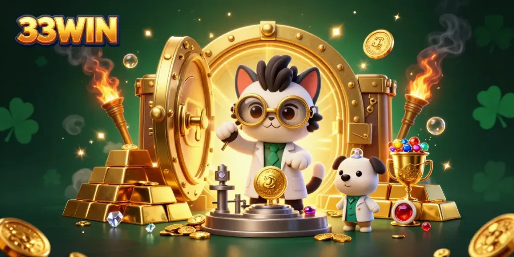 Experience the thrill of winning at 33WIN with a captivating casino-themed 3D illustration.