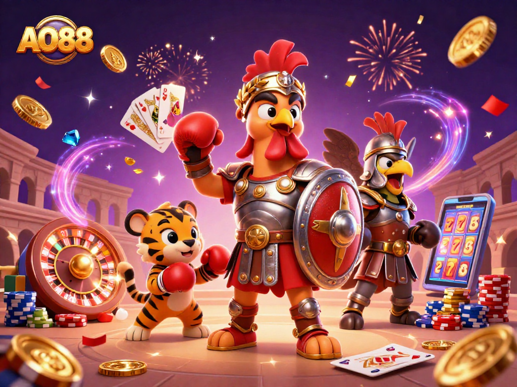 Experience thrilling gaming excitement with AO88 in an elaborate 3D gambling scene.