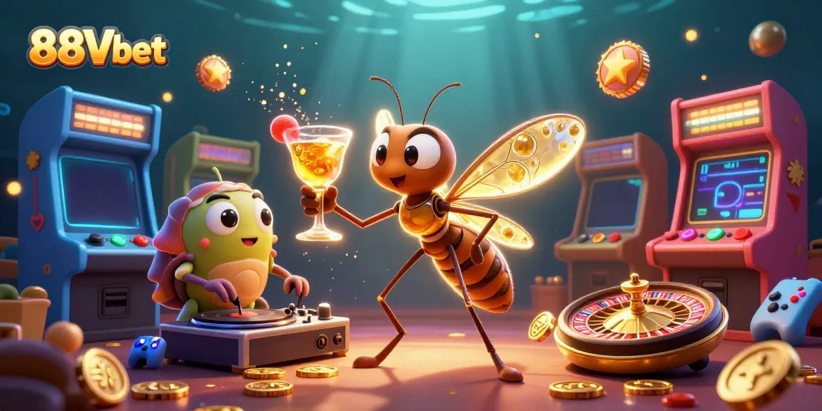 Engage in gaming excitement with 88Vbet's vibrant 3D characters and casino-themed elements.