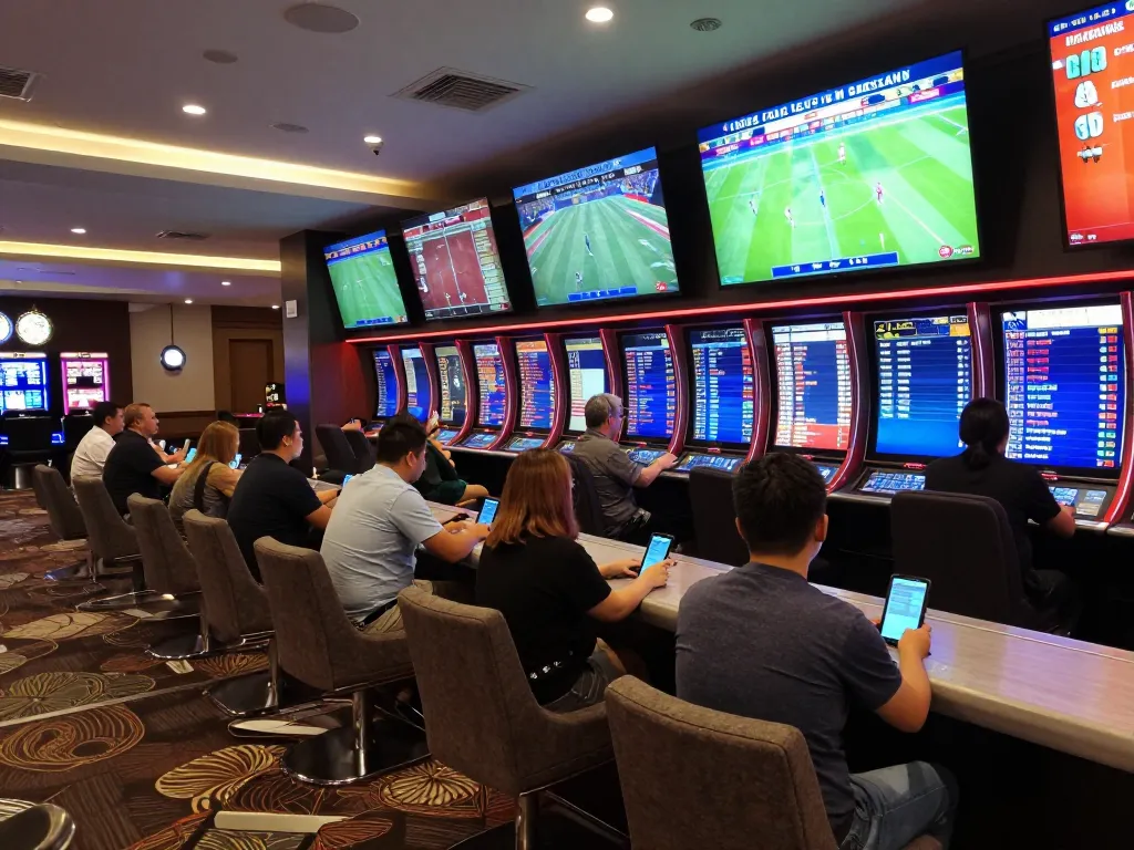 Excited bettors engaging with Lucky88 platform for online sports betting in a lively casino lounge.