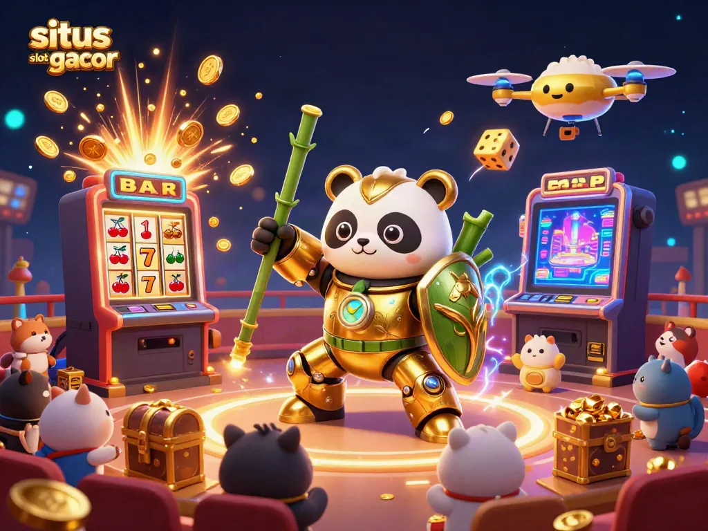 Situs slot gacor showcases a golden panda in mech suit amidst a festive casino backdrop