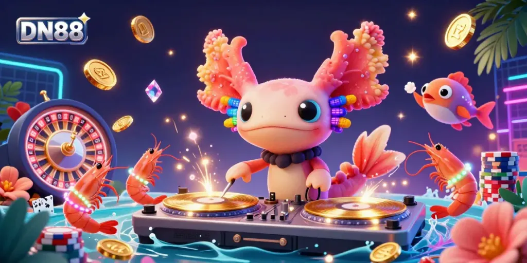 Experience DN88's vibrant underwater casino atmosphere with a lively DJ, colorful shrimp, and dynamic gaming elements.