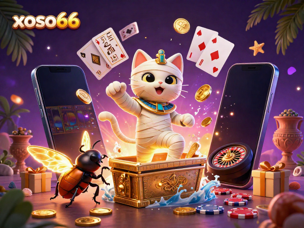 Experience thrilling gaming action at xoso66 with a vibrant scene featuring a mummy cat and scarab beetle in a pyramid casino.