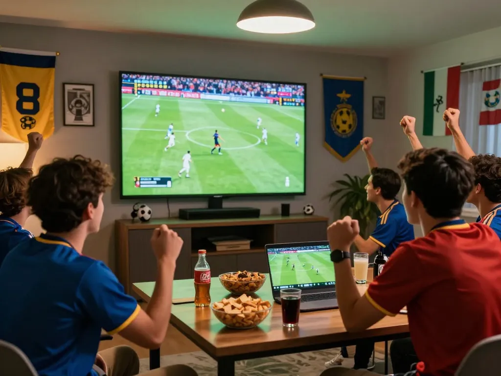 Cakhia soccer fans celebrating during a live match viewing party in a vibrant and energetic setting.