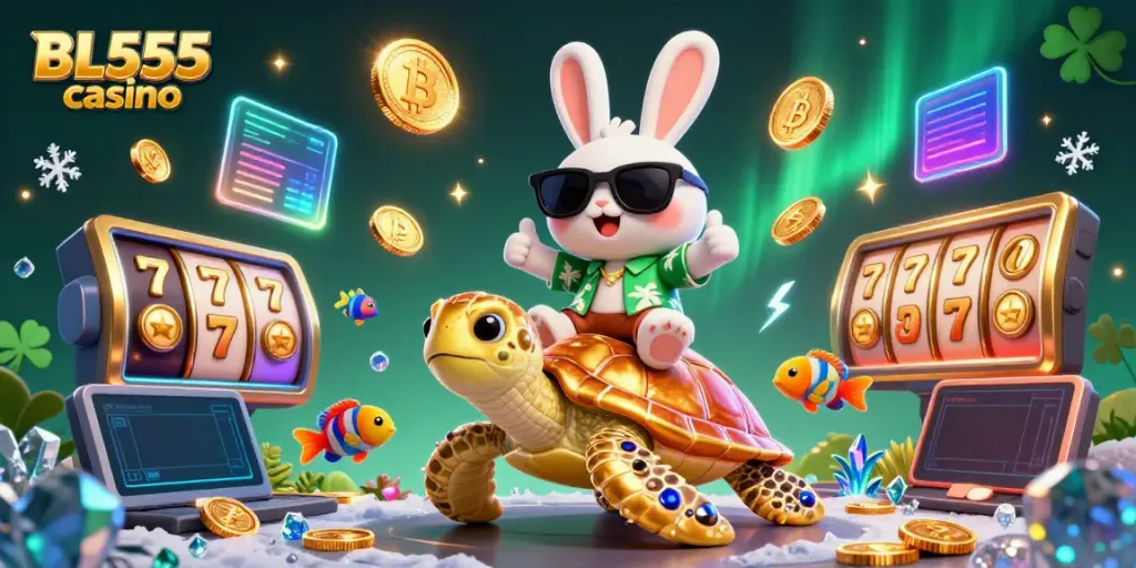Enjoy a vibrant scene of the BL555 casino with a lucky rabbit and sea turtle amidst slot reels and crypto elements.