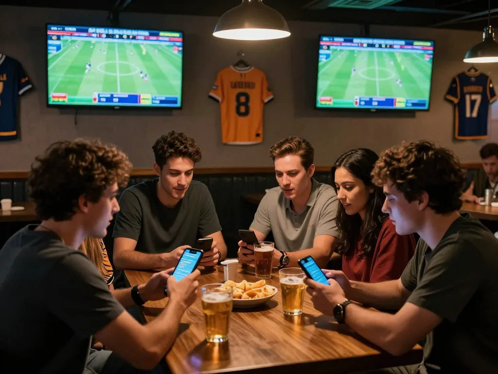 Group of friends engaging in sports betting strategies on soikeo.com.mx while watching live matches.