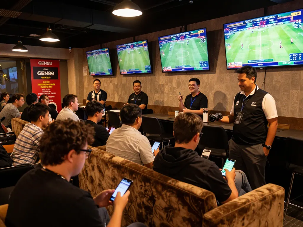 GEN88 bettors excitedly watching live sports while using mobile devices in a stylish lounge.