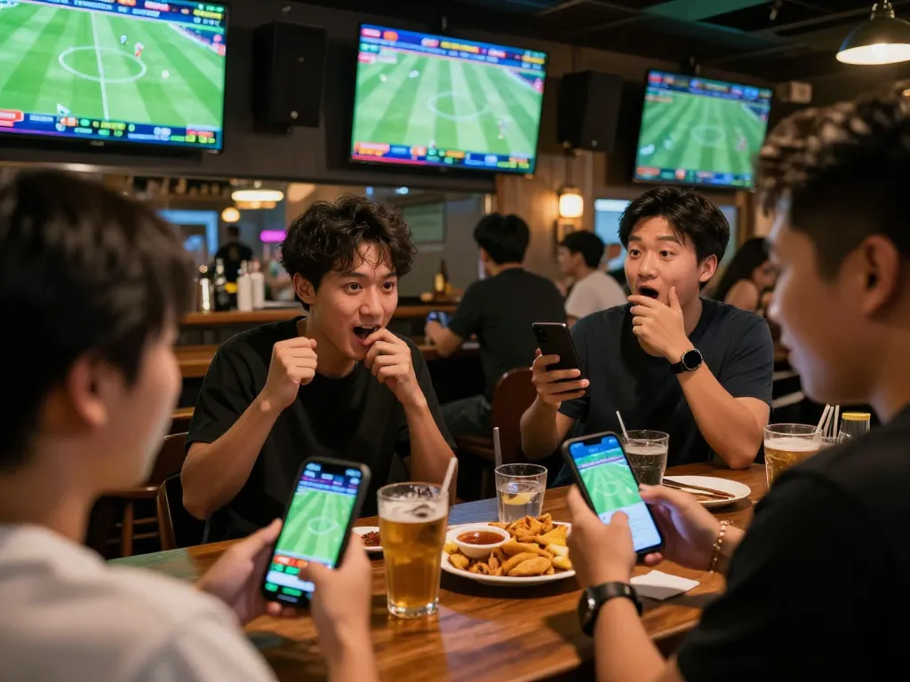 Kèo nhà cái interface displayed on a smartphone amid enthusiastic sports betting at a lively bar.