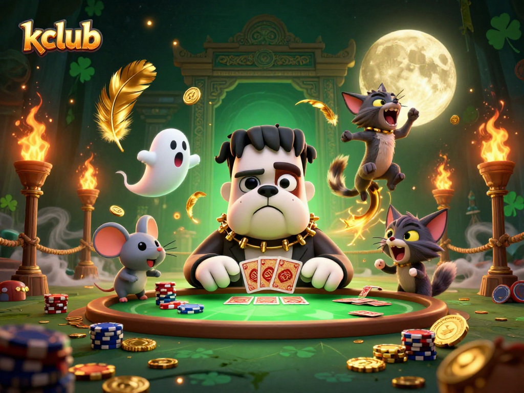 Kclub offers an exciting casino experience with vibrant characters like a Frankenstein bulldog at a card table.