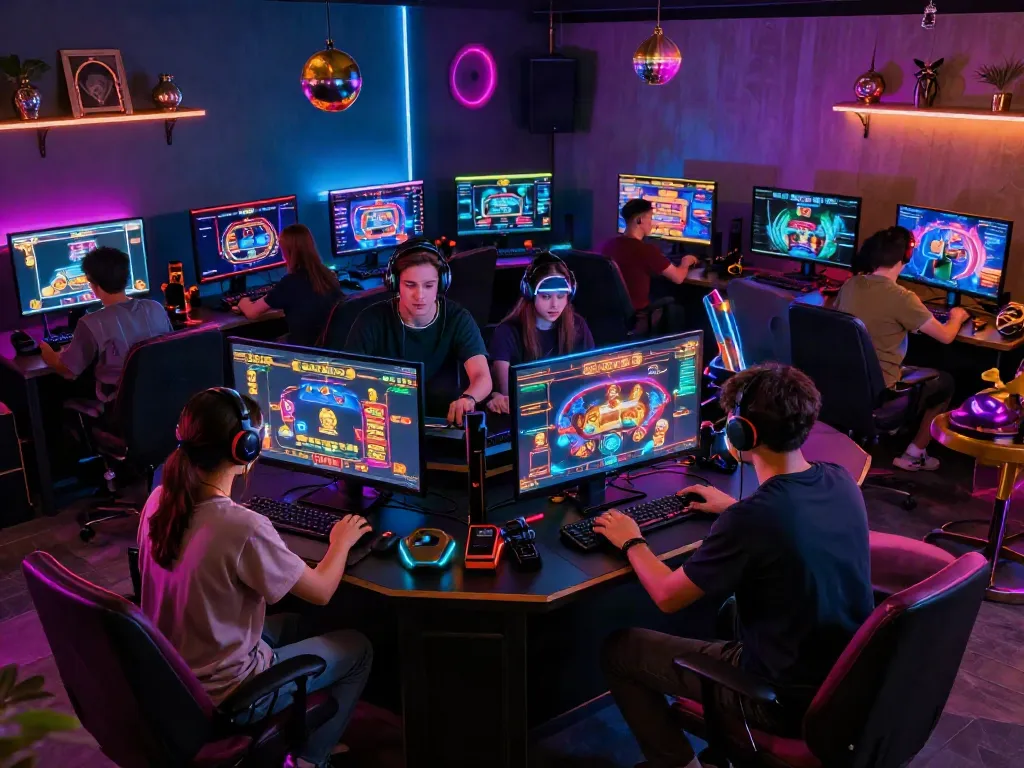 Exciting gaming scene showcasing friends on trang chủ 78win, immersed in a vibrant online casino atmosphere.