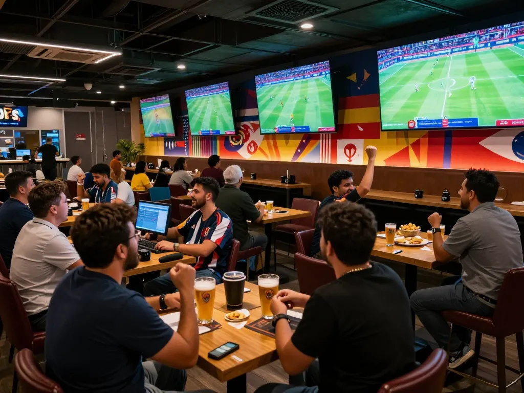 Fans engaging in sports betting during Worldcup2026 matches in a lively sports bar atmosphere