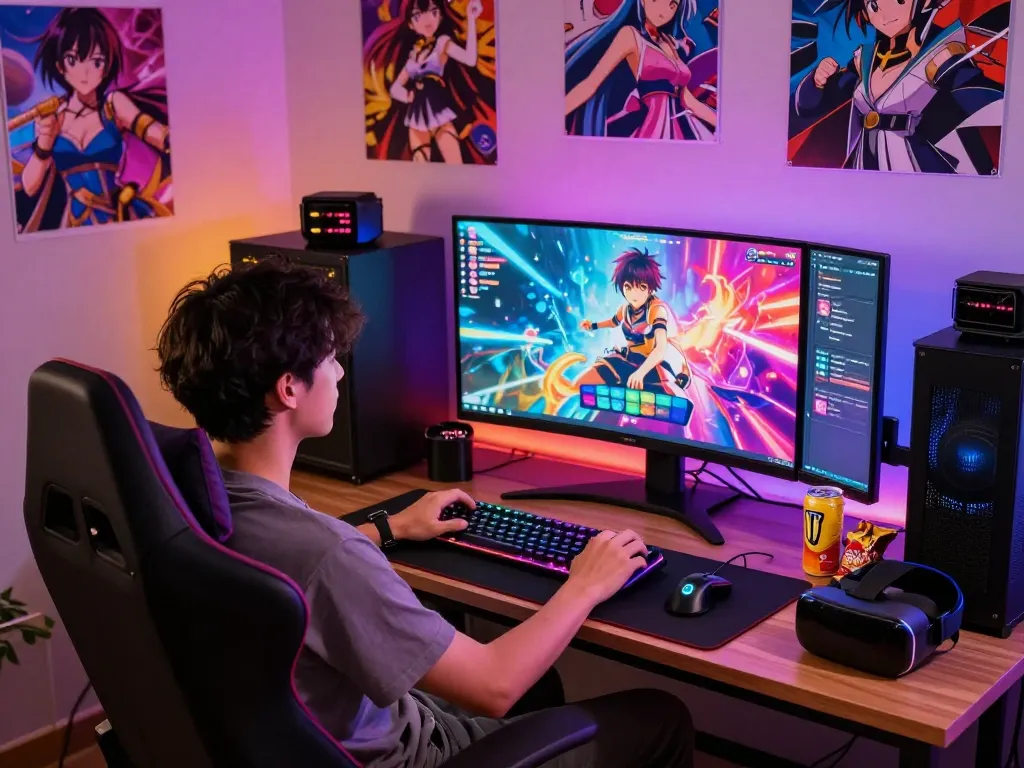 Engaging gamer playing a hentai game on a colorful setup with vibrant lighting.