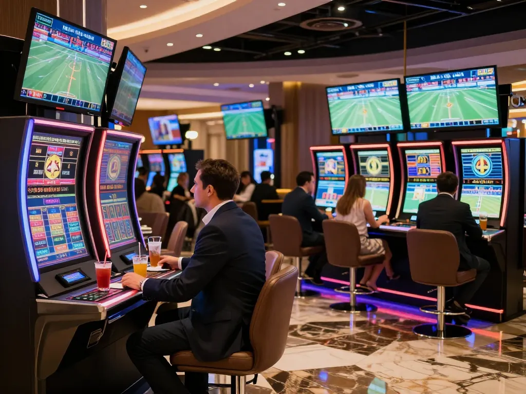 Patrons placing bets in the vibrant sports betting lounge at Ok9 casino.